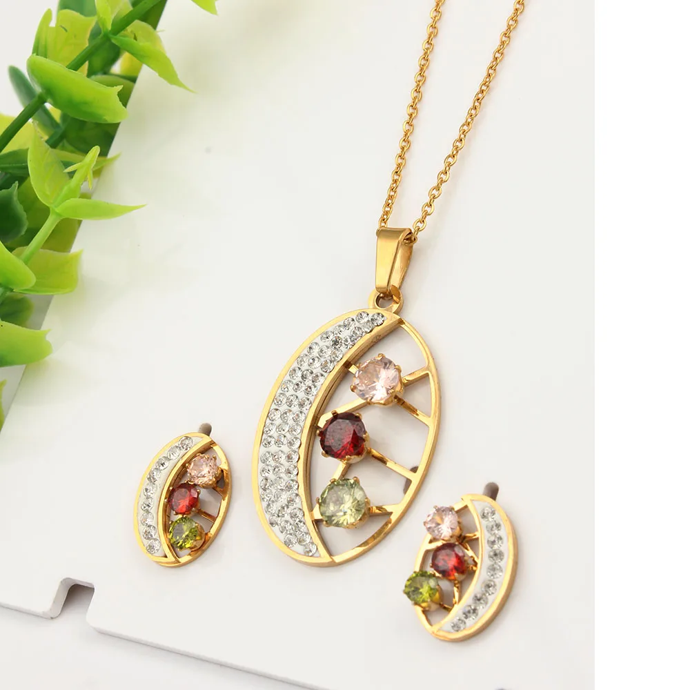 OUFEI, ювелирные наборы из нержавеющей стали для женщин, многоцветный кристалл, модные индийские ювелирные аксессуары, ожерелье и серьги, набор
