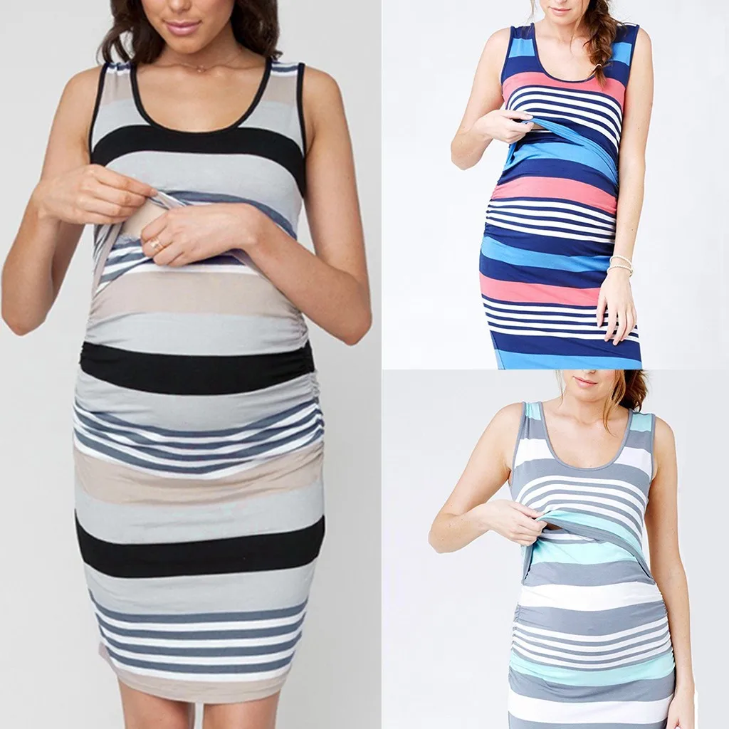 Летнее платье для беременных Без Рукавов Удобные полосы печати кормящих платье для грудного вскармливания Vestidos Embarazada груди блузка для кормления ребенка