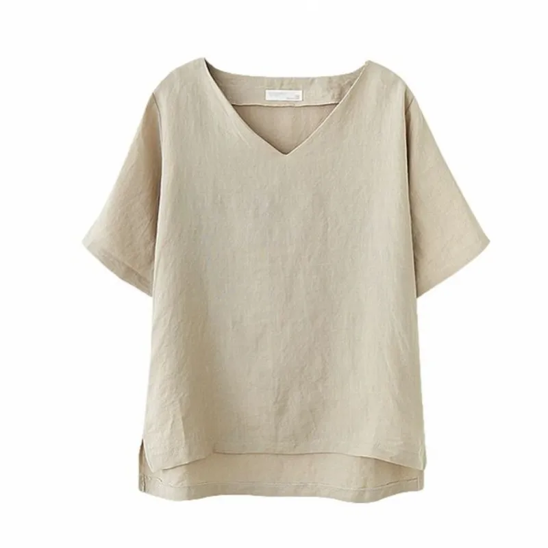 

New Fashion V-neck T Shirt Women Flax Basic Female TShirt Summer White Sexy TShirt Women Cotton Vintage Loose Thin T Shirts XXXL