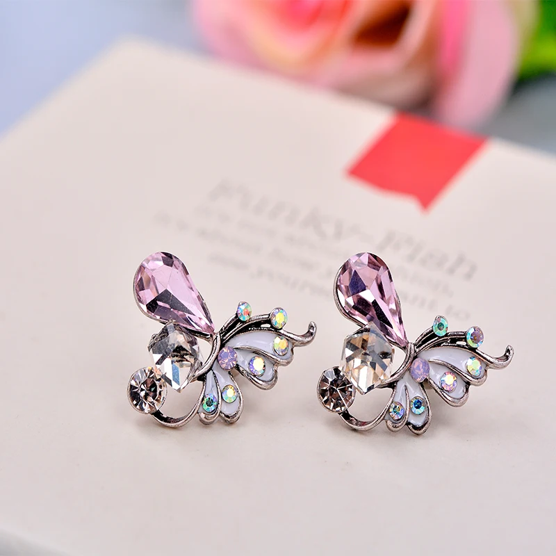 High Quality New Jewelry Anti Sliver Plated Fashion Crystal Butterfly Stud Earrings Retro Gift Wholesale Free Shipping (3)