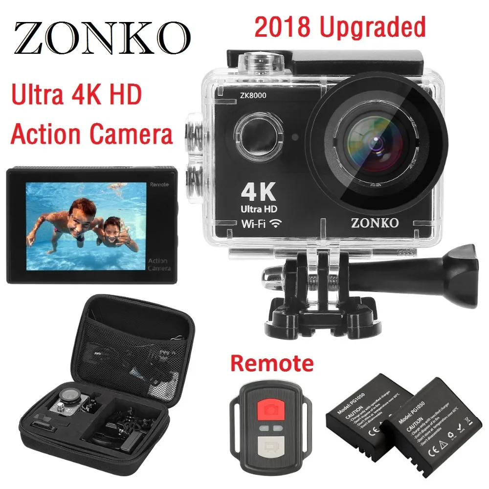 

Action Camera ZONKO 4K Ultra HD WIFI Sports Camera, 12MP 170 Degree Wide-Angle Lens, 30M Waterproof Camera 2'' LCD Camcorder
