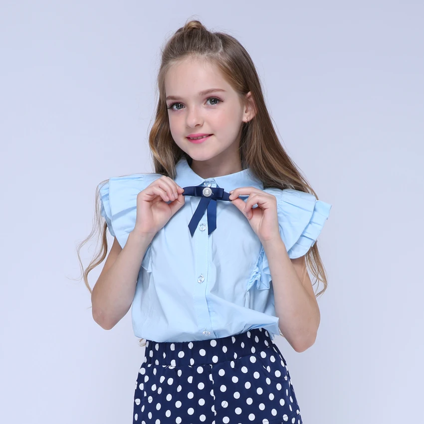  Kids Shirts for Girls Summer Petal Sleeve Blouses Child Solid Shirts School Girls Blue Tops 4 6 8 1