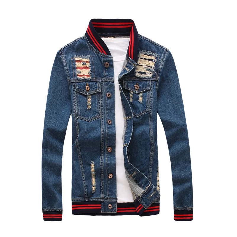 Men Holes Blue Denim Jackets New Autumn Men Cotton Jean Jackets Outwear Denim Coats Large Size