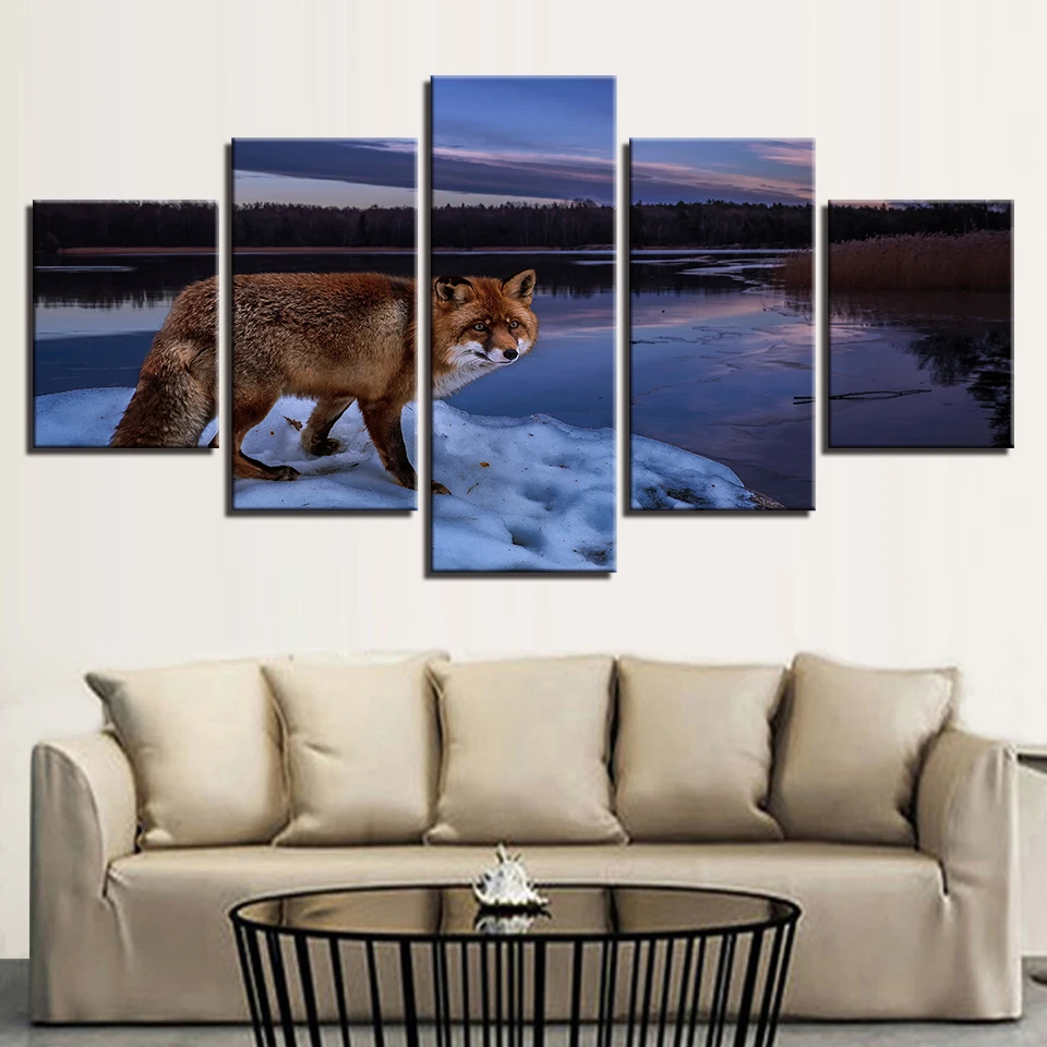 

Pictures HD Print Decor Wall Art Home Living Room 5 Pieces Forest Lake And Animal Wolf Night Scene Canvas Painting Modular Frame