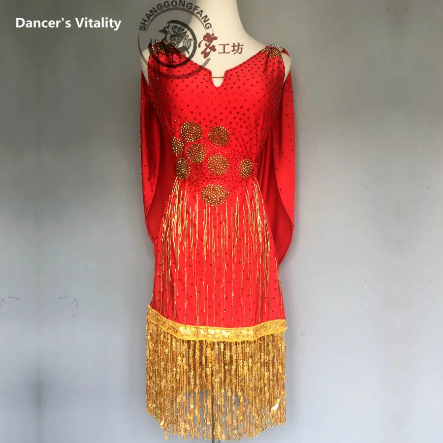 

Latin dance clothes women luxury spandex tassellatin dance dress for girls latin dance dress Cha-cha dance clothing 120-180CM
