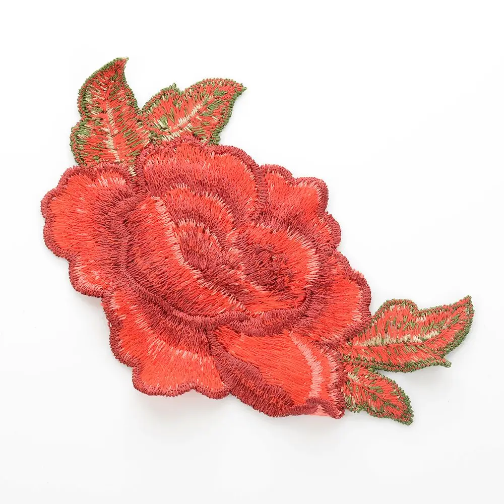 2PC 7cm *13cm Red Rose Flower Embroidery Applique Cloth DIY Sew on