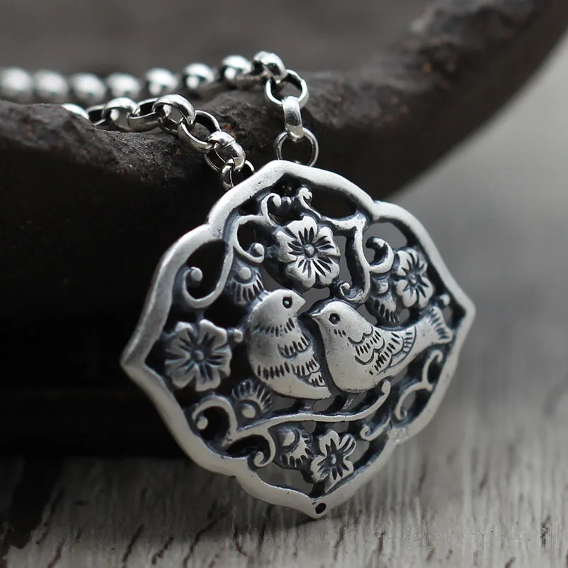 

S990 silver jewelry hollow retro plum double magpie bird necklace worn old lady character Silver Pendant
