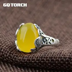 925 пробы Серебряное кольцо с драгоценным камнем для Для женщин Павлин резные желтый халцедон Винтаж 990 тайский серебряный открытие Тип