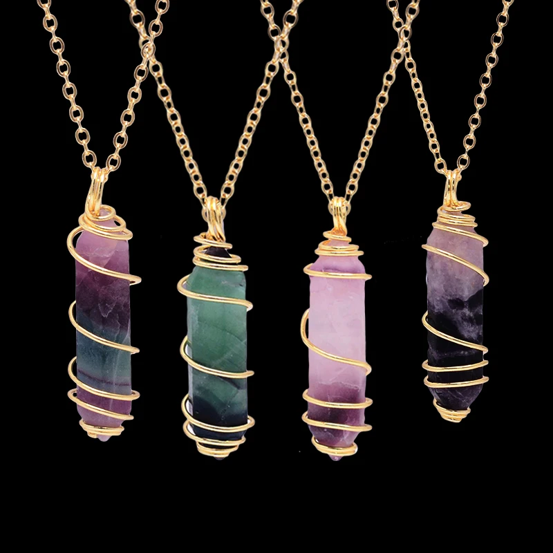 SEDmart Rainbow Wire Wrapped Fluorite Natural Stone Pendant Necklace