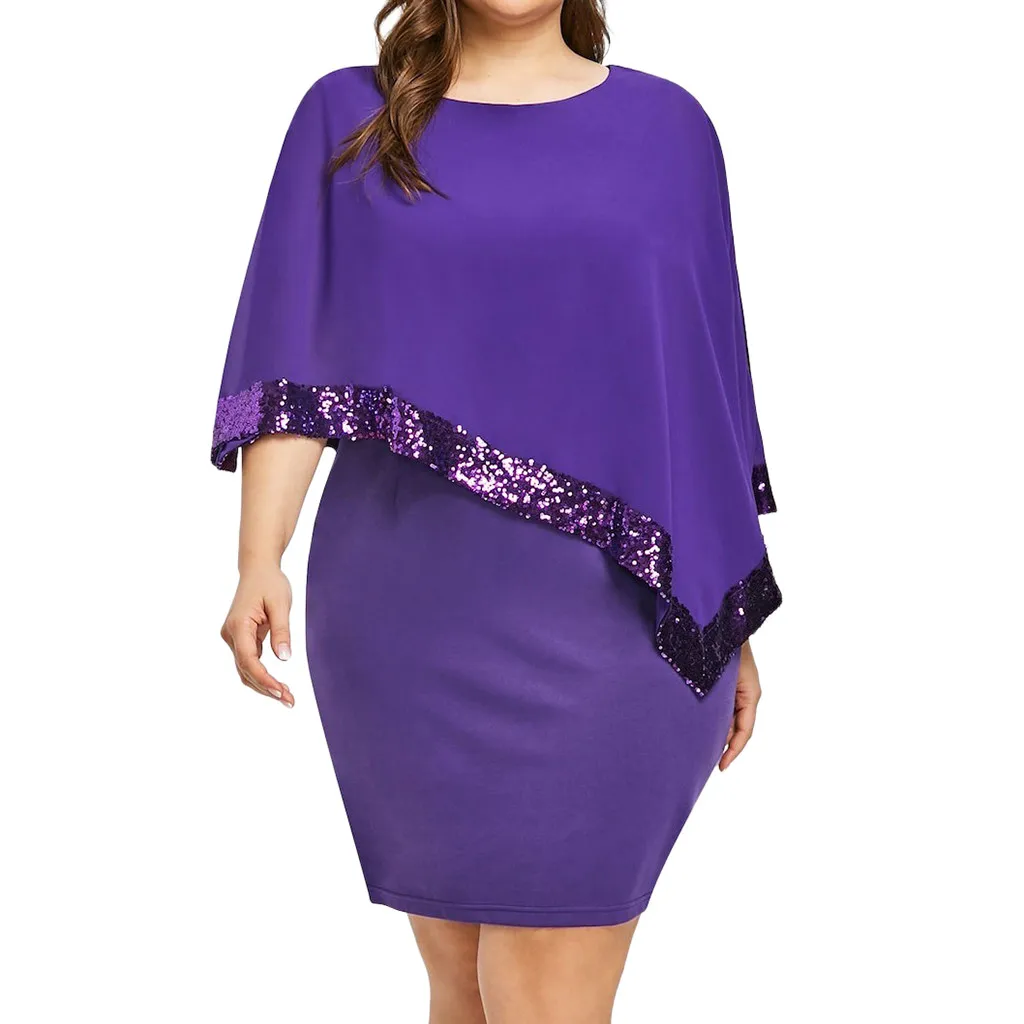 Plus Size Dress for Women/Ladies,Women Plus Size Cold Shoulder Overlay Asymmetric Chiffon Strapless Sequins Dress