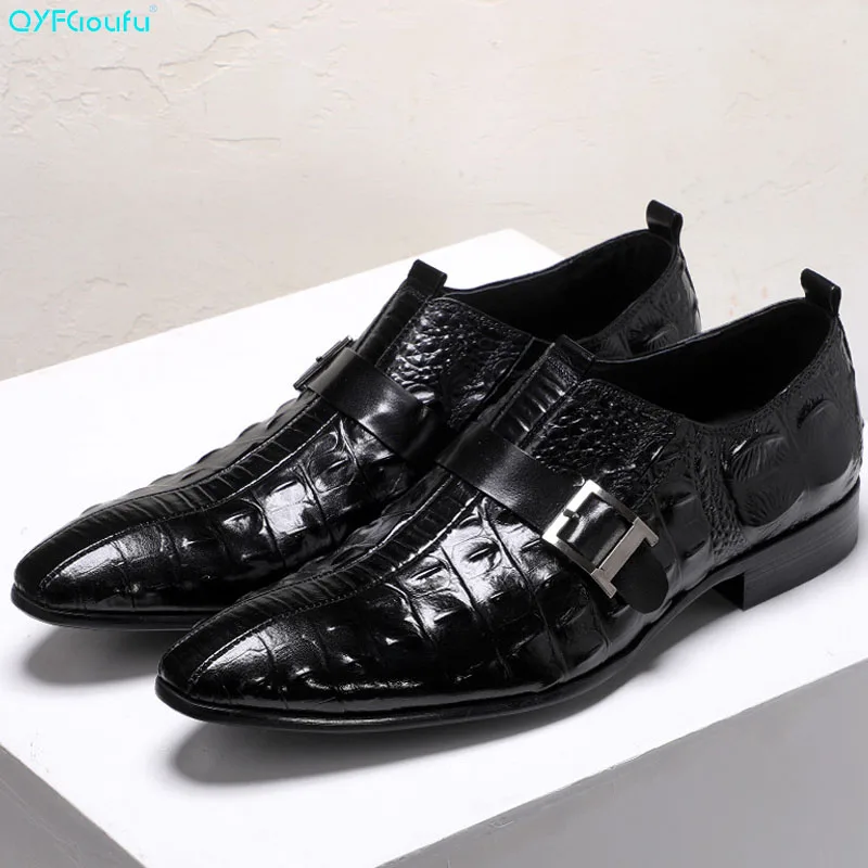 

Mens Dress Shoes Genuine Leather Shoes Buckle Party Wedding Mens Oxfords Luxury Brand Crocodile Pattern Shoes US 11.5