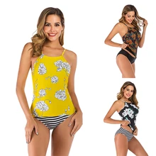 Плюс размер купальник из двух частей женский Танкини с открытой спиной цветочный принт купальник треугольник бикини Низ купальник пляжная одежда