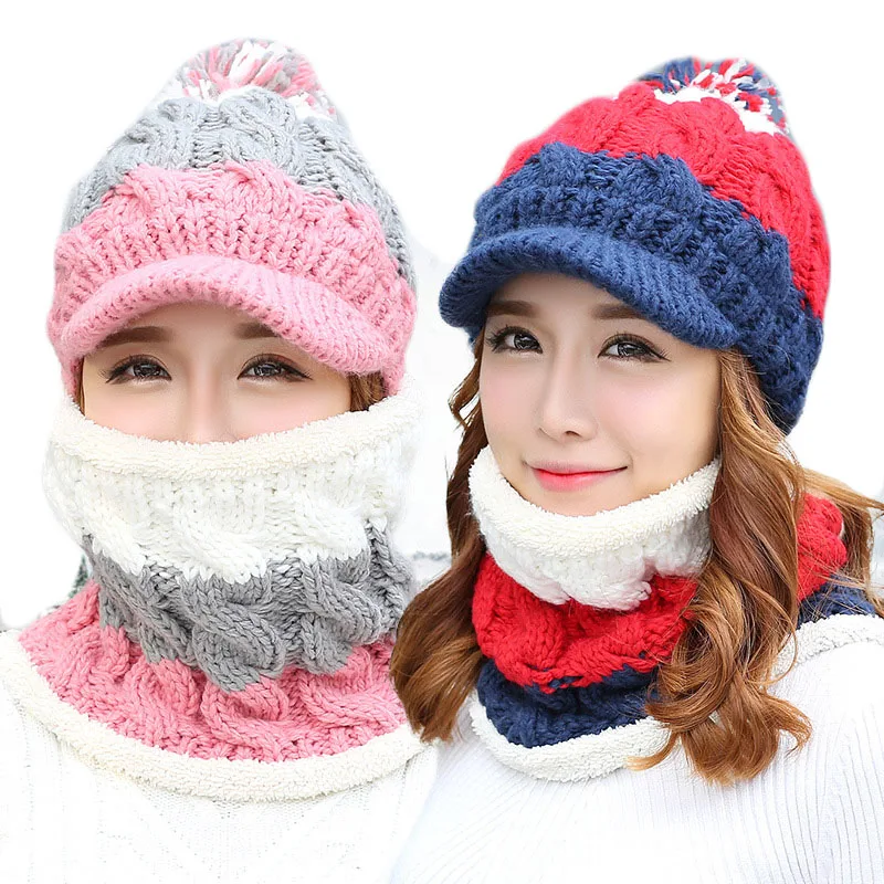 Fashion Woman Autumn Winter Hat and Scarf Sets Female Knitting Thickening Cap Collar Sets Students Warm Hat Girl Knitted Beanies