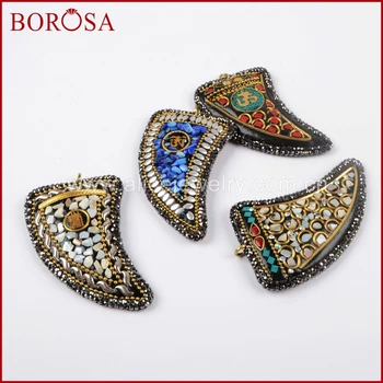 

BOROSA Fashion Inlay Brass Horn Multi-kind Stone Paved Zircon Tibetan Druzy Charm for Pendant Necklace Gems for Women JAB783