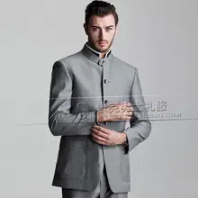 Серый воротник Новое поступление Тонкий Мужчины китайский туника костюм комплект Штаны Мужские костюмы свадьба жених платье костюм+ брюки большие размеры 4xl