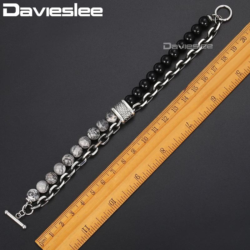 Davieslee Bracelet for Men Glass Map Stone Beads Chain Cut Cable Link Stainless Steel Black Gunmetal Tone Mens Bracelets DDB33