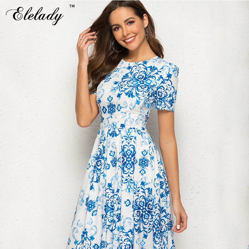 Elelady 2019 весна лето цветочный принт платье с коротким рукавом платья для вечеринок