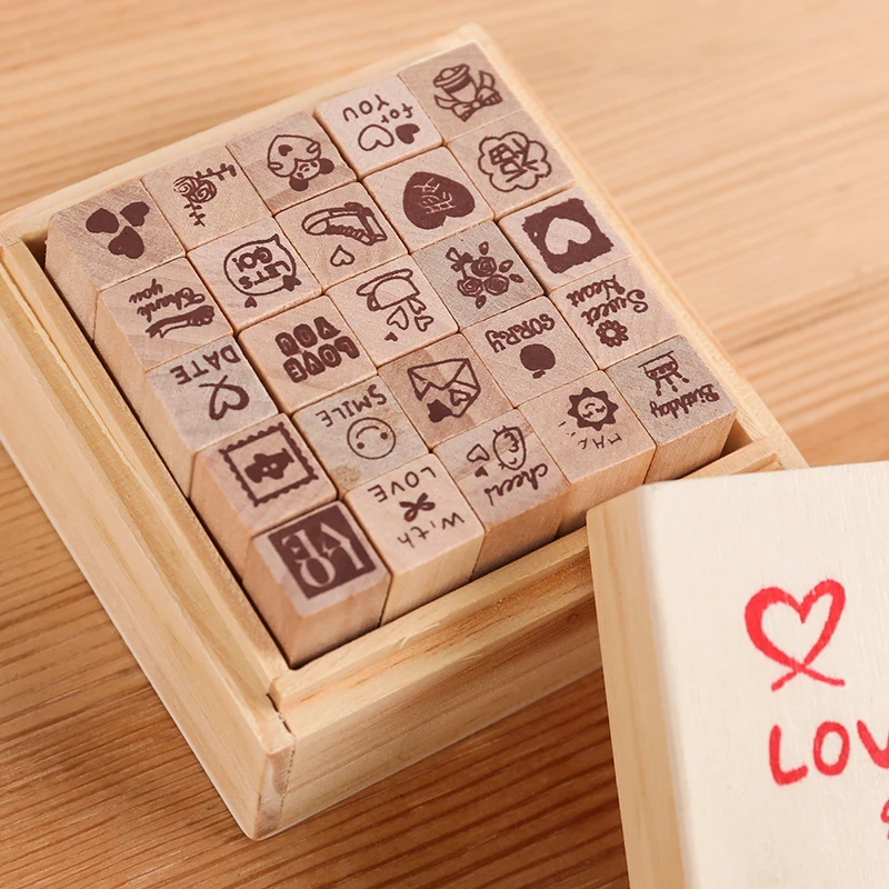 

25pcs DIY wooden stamps love diary style red sweet heart flower cup date book planner scrapbooking decoration