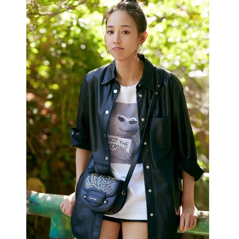 Star with Black PU Leather Coat Female Spring Loose 3D Pattern Top 2019 Turn-down Collar Pockets Black Jacket 2019 Women Coat