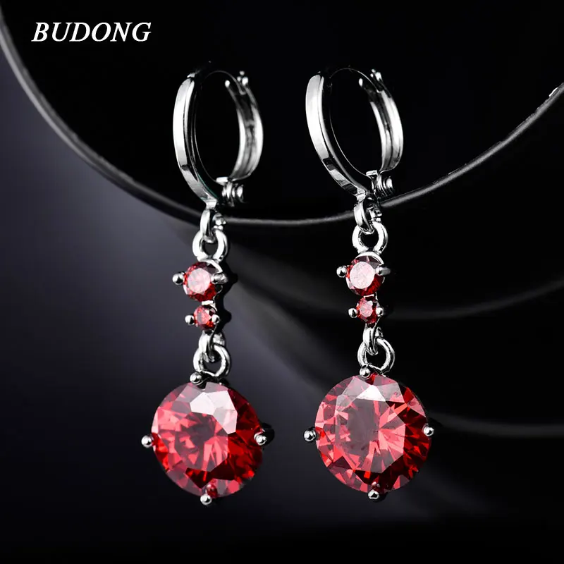 

BUDONG Luxury Long Infinity Dangle Earring for Women Silver Color 5 Colors Crystal Round Crystal CZ Wedding Jewelry XUE037