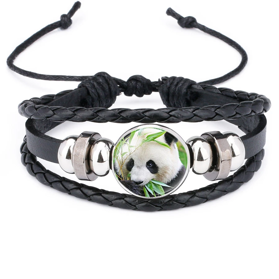 Panda Geant Bebe Photos Bracelet En Cuir Noir Multi Couche Belle Bande Dessinee Animal Verre Cabochon Bracelet Pour Fille Garcon Aliexpress