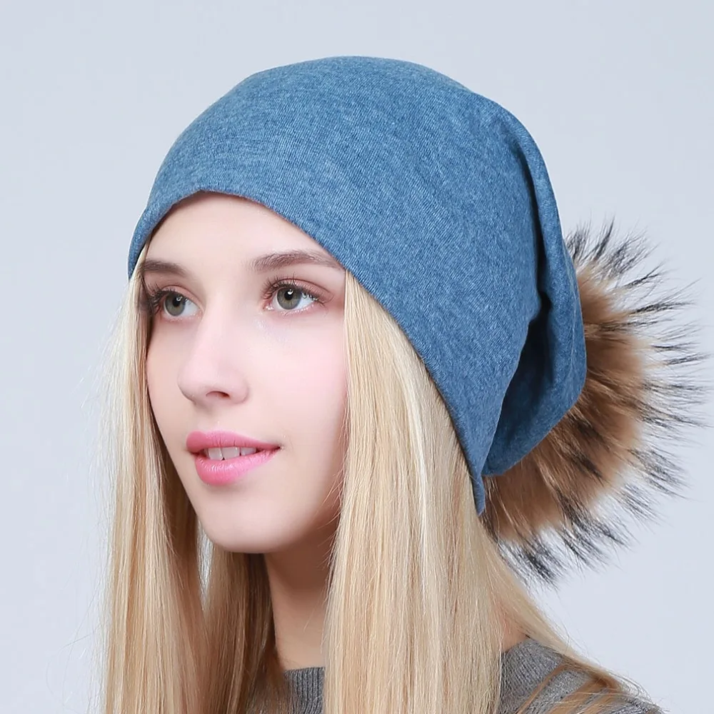 Geebro Women's Beanie Hat with Pompom Spring Cotton Beanies Hats with Raccoon Fur Pompon Skullies Balaclava Caps For Girls JS294 3