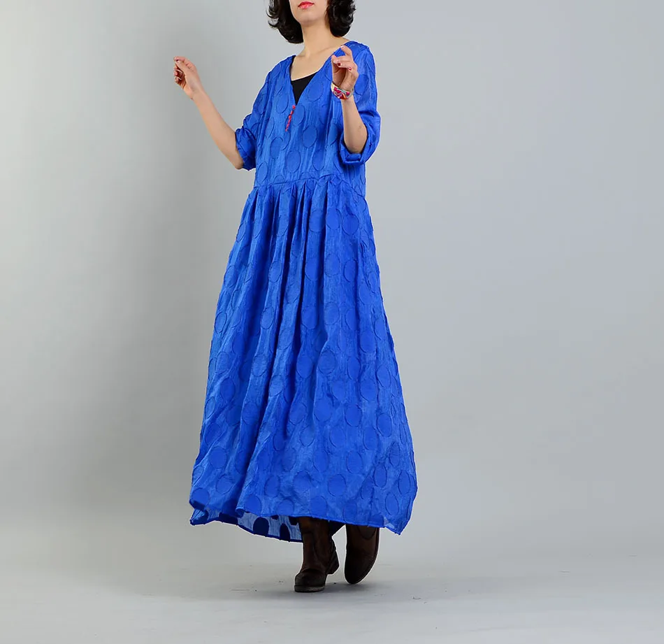 Women Spring Summer Ramie Retro Solid Color Dress Ladies Embroidered V