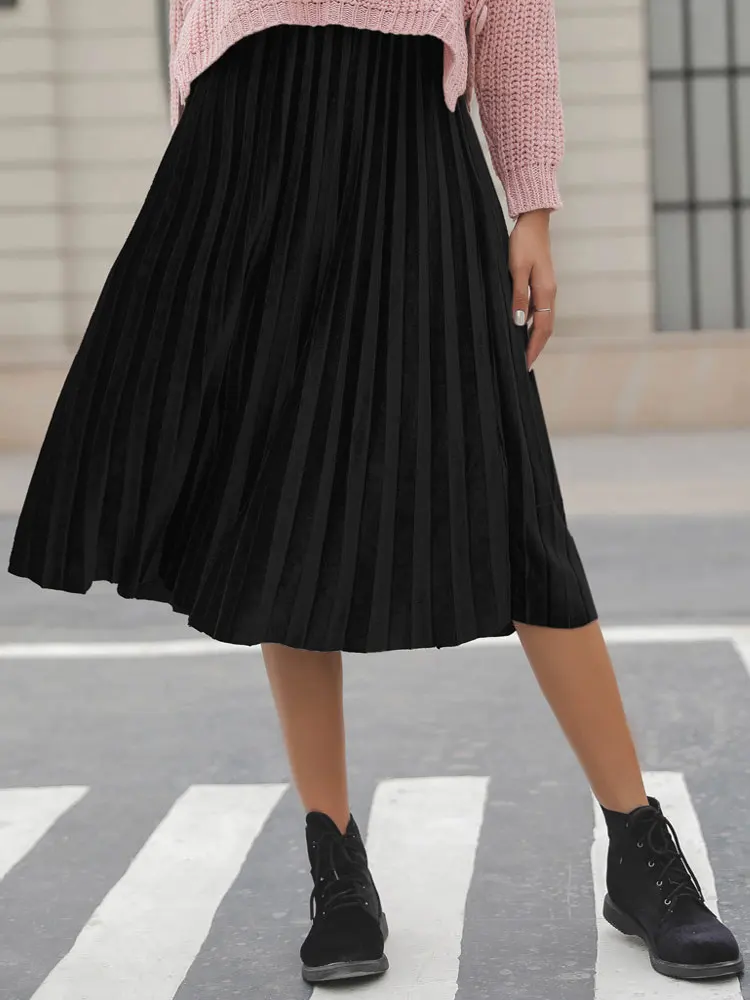 Women Flared Skirt Pleated Knee Length A Line Vintage Style Velvet Swing Skirtin Skirts from