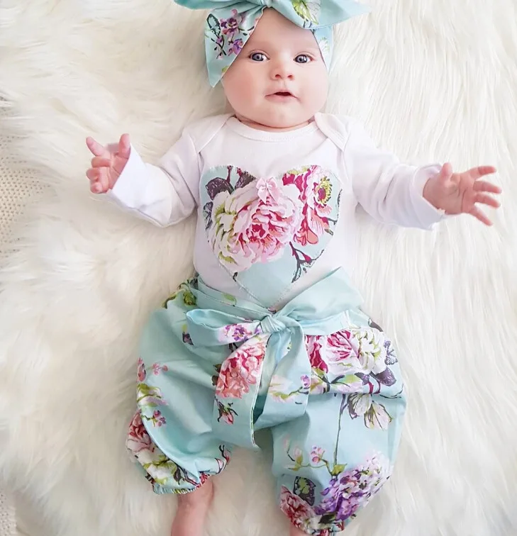 Girl Clothing Outfit Kids Floral 3PCS Set Cute Flower Printed Bodysuit Pants Headband Infant Toddle  Newborn Baby Girls Clothes baby clothes mini set