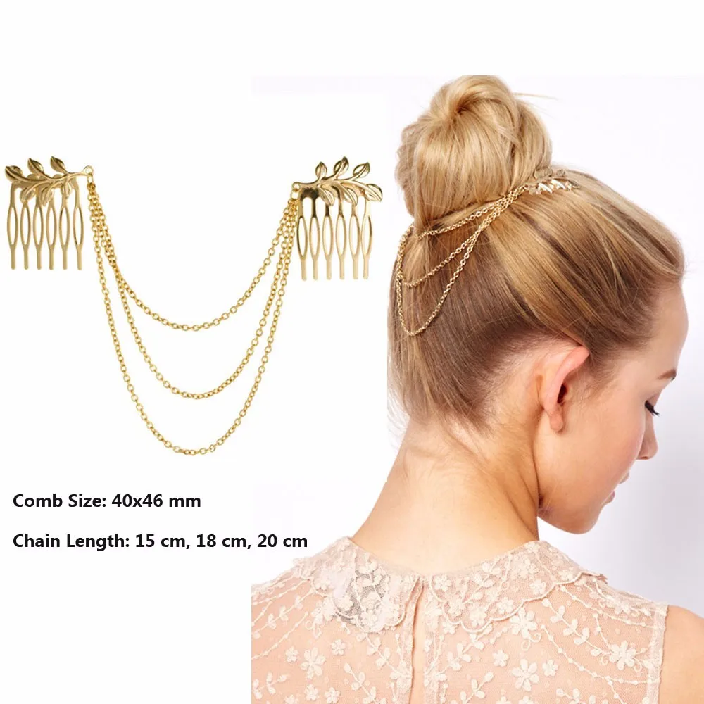 Hot Cheap fine Vintage Hair Accessories Double Gold Chain With Leaf Comb Head New Headbands For