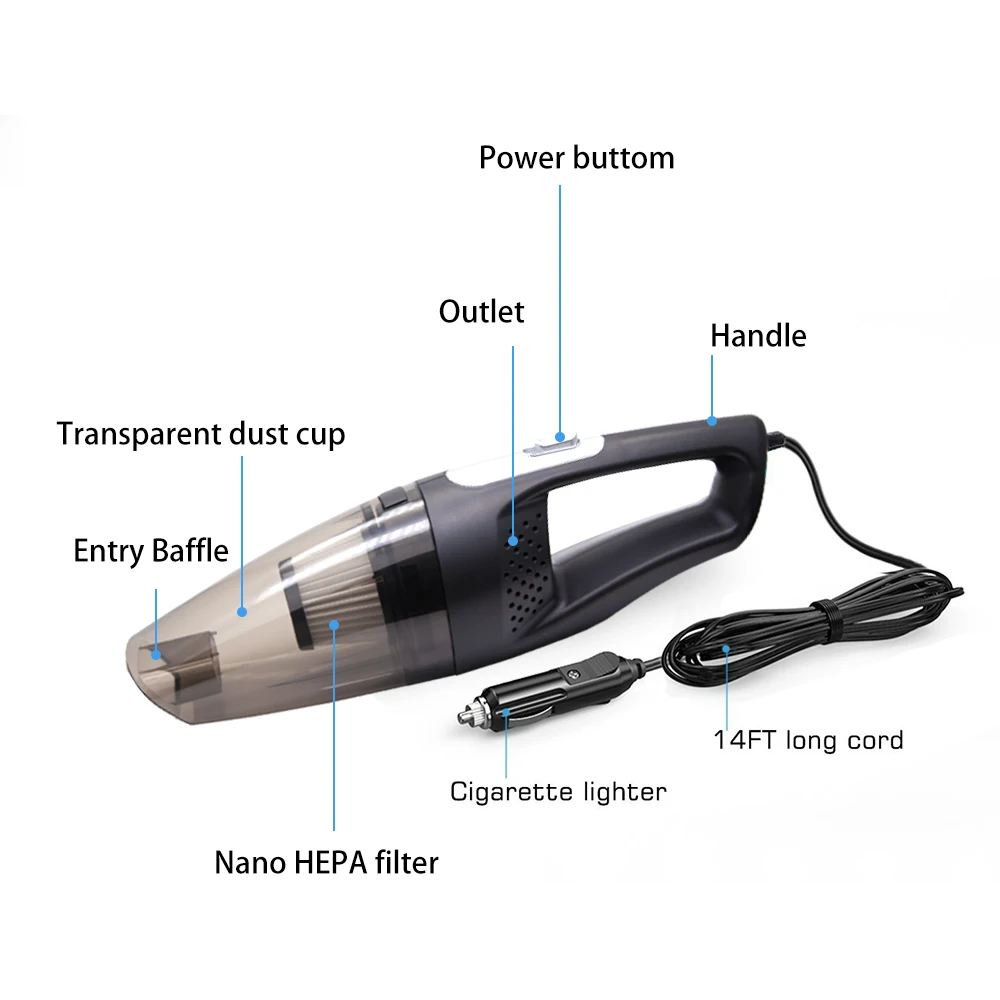 

12V Car Electric Vacuum Cleaner 2500Pa Dry Wet Portable Dual Use Vacuum Cleaner 120W Cigarette Lighter 4.5m Length Power Cable