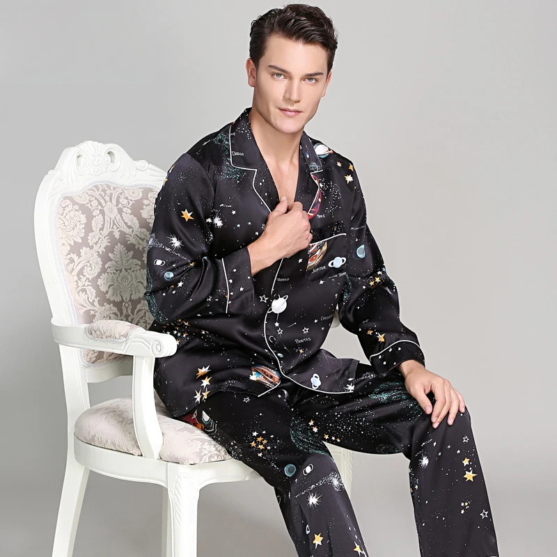 

Fashion black stars 100% genuine silk pajamas sets for men Long sleeve quality indoor Male homewear noble silk pijamas men