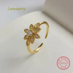 Leouerry 925 стерлингового серебра цветок лист CZ кольца для женщин Позолоченные Модные ювелирные изделия женские открытые кольца