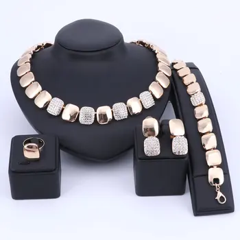 

African Beads Crystal Jewelry Set Charm Gold Color Necklace Earring Bracelet Ring Set For Women Wedding Party Bridal Holiday