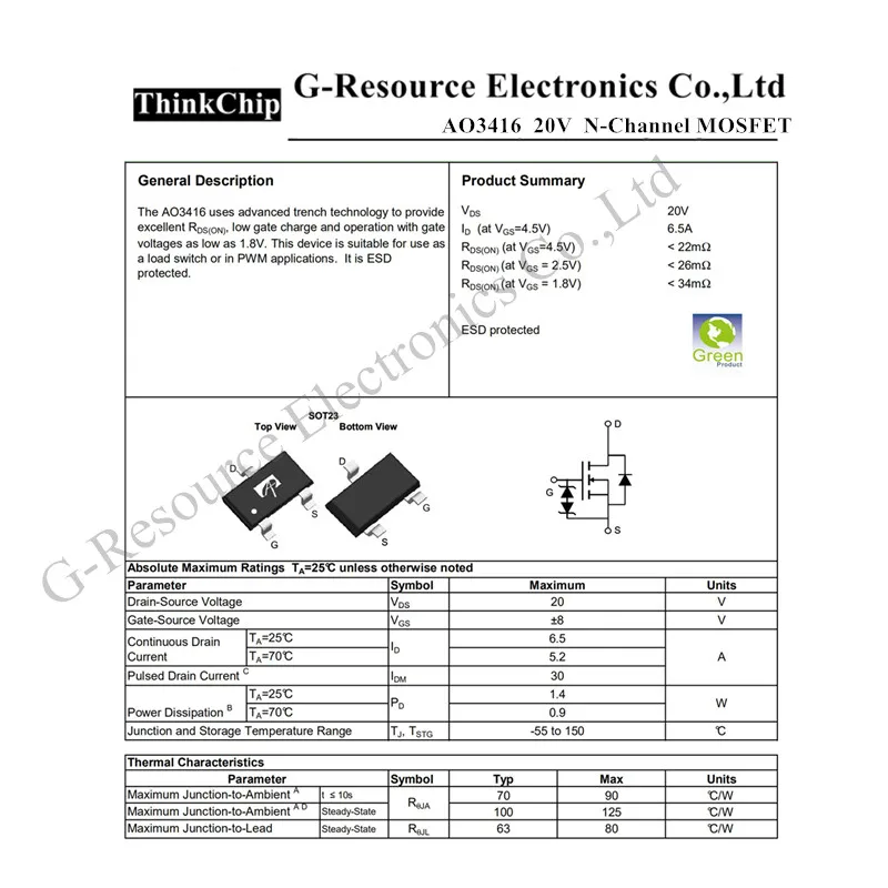 50 шт./лот AO3416 AE9T SOT-23 n-канал 20 в 6.5A(Ta) 1,4 Вт(Ta) SMD mosfet транзистор