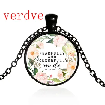

Psalm 139 14 Fearfully and Wonderfully Made Quote Bible Verse Necklace Cabochon Charm Pendant Necklace for Women Men Gift