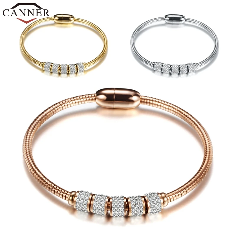 CANNER Fashion Rose Gold/Gold/Silver Color Stainless Steel Zirconia Bracelets Magnetic Bangle for Women Jewelry FI