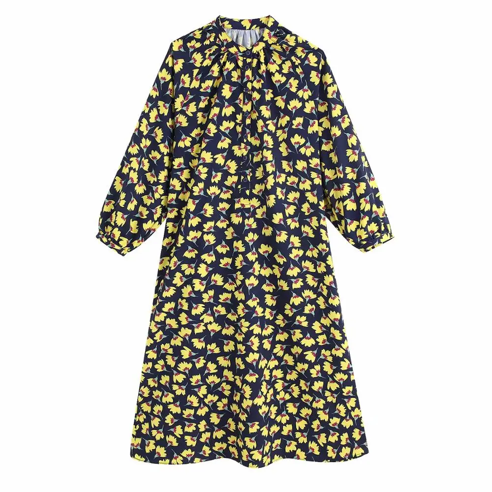 

Women Summer Floral Print Dress 2019 Long Sleeve Buttons O-Neck Dresses Female Elegant Vintage Mid-Calf Dress vestido Clothes