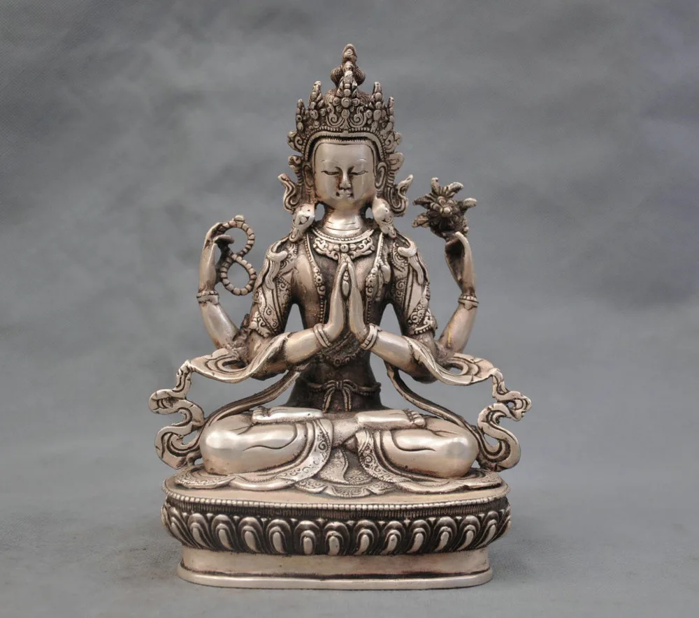 

8" China Silver Bronze Four Arm Guanyin Bodhisattva Chenrizig Buddha Statue