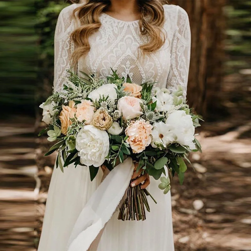 

Beach Wedding Dress With Long Sleeves 2019 Vestido de noiva Vintage Lace Top Chiffon Skirt Boho Bridal Dresses Sweep Train
