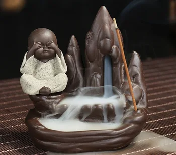 

incense Burner + 10Pc Incense Cones,Creative Home Decor The Little Monk Small Buddha Censer Backflow Incense Burner Use In house