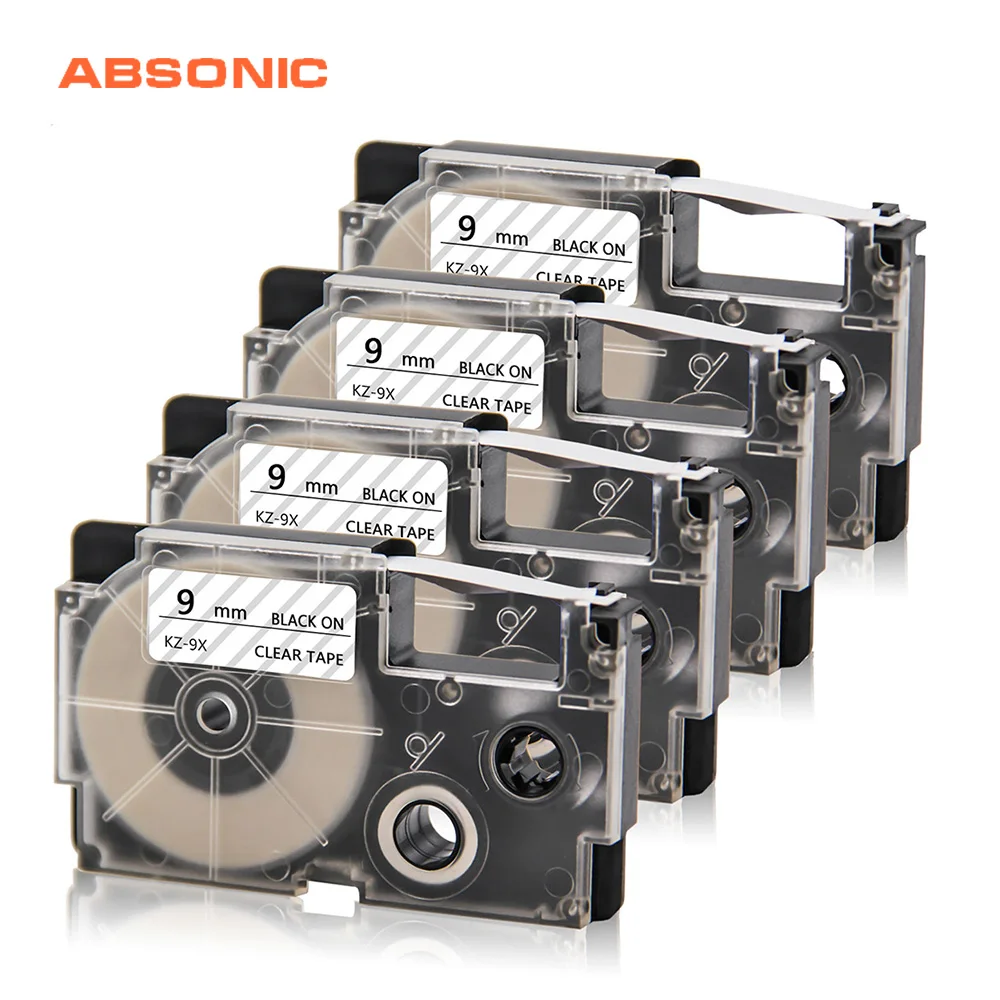 

Absonic 9mm XR-9X 4PCS Labels Tape For Casio Black on Clear Printer Ribbon Compatible For Casio KL-60 KL-7200 KL-8200 EZ Printer
