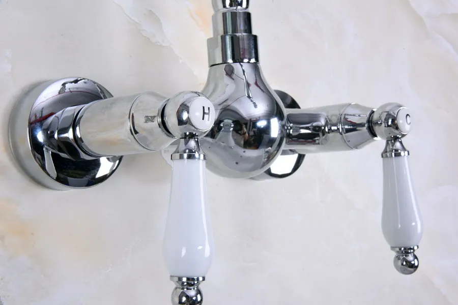 Polished Chrome Brass Wall Mounted Double Ceramic Handles Levers Bathroom Kitchen Sink Faucet Mixer Tap Swivel Spout anf959