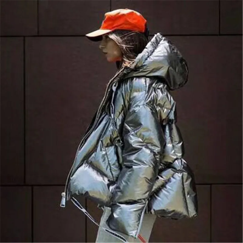 2018 winter New Women's Down Jacket Coat Loose Big Size Thick Outer Cloak A Word Short Silver Bright Hooded Outerwear D483