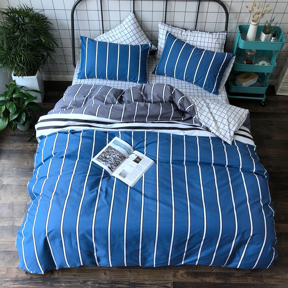 Blue Bed Set Cotton Striped Duvet Cover Queen Size Bed Sheets Set High Quality Home Textile