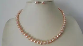 

New Arriver Pink Pearl Jewellery,Natural Freshwater Pearl Necklace Earrings,AA 7-8MM Potato Pearl Jewelry Set
