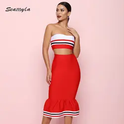 Seamyla новые модные красные комплекты из двух предметов Для женщин Sexy бретелек Bodcyon повязки костюмы Классическая длина до середины икры клуба