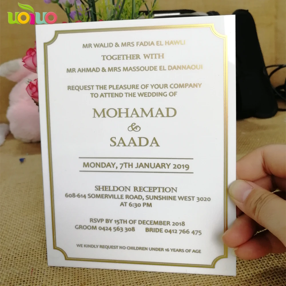  white acrylic card with gold printing wedding invitation card acrylic card wedding invitation card  - 32964883606