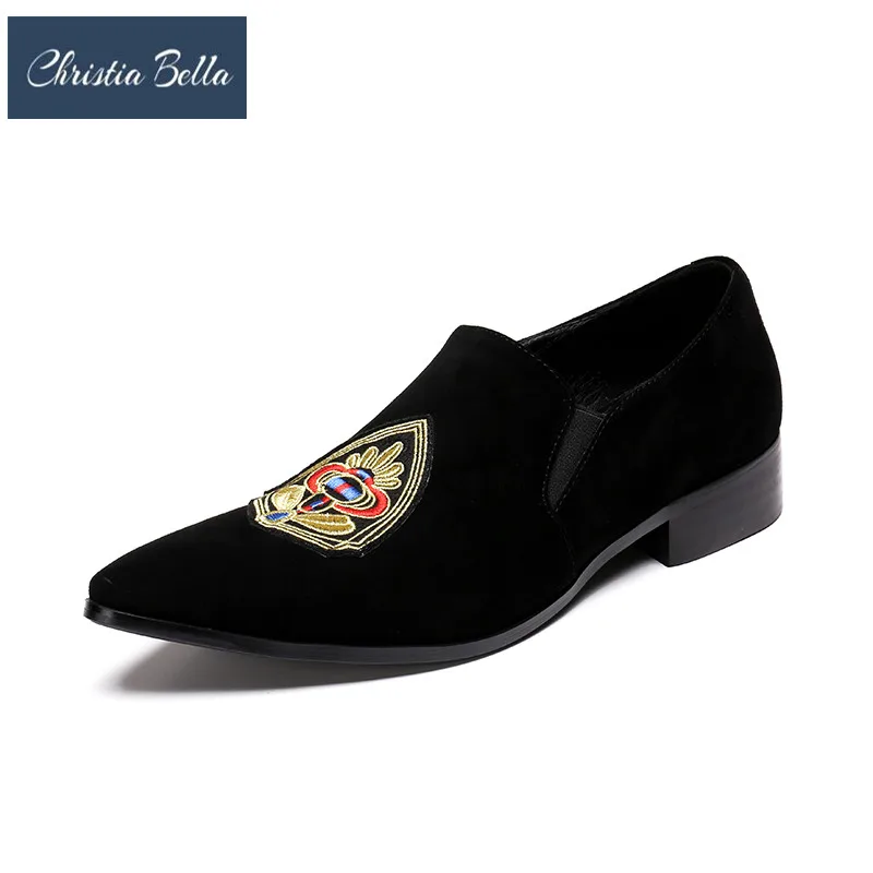 

Christia Bella New Fashion Suede Leather Pointed Toe Men Loafers Shield Embroidery Shoes Formal Party Dress Nightclub Men Shoes