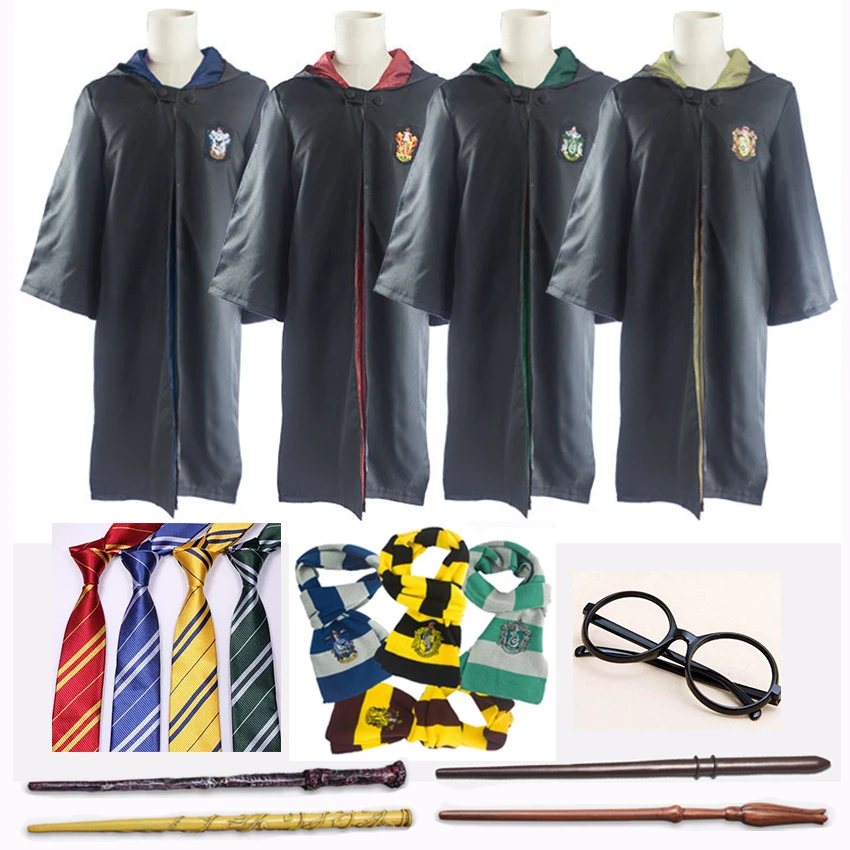 

Harri Potter Robe Cloak Cape Suit Tie Scarf Wand Glasses Ravenclaw Gryffindor Hufflepuff Slytherin Cosplay Costumes Malfoy Suit